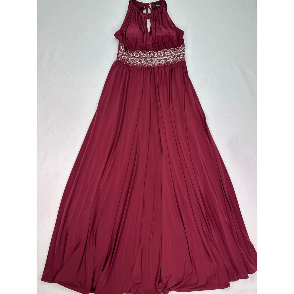 R&M Richards Wine Beaded Halter Evening Gown Keyhole Neck Maxi Dress Size 8 - Picture 8 of 15